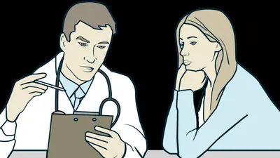Illustration of a doctor taking notes while talking with a woman patient