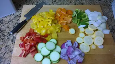 Chopped colorful vegetables on a cutting board